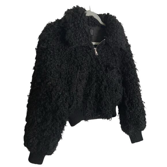 RTA Andes Shaggy Faux Fur Cropped Jacket Zip Up Ribbed Trim Long Sleeve Black XS - Picture 4 of 11